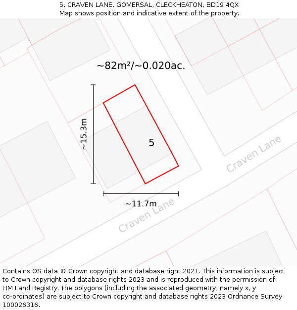 5, CRAVEN LANE, GOMERSAL, CLECKHEATON, BD19 4QX: Plot and title map
