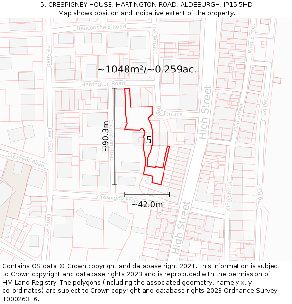 5, CRESPIGNEY HOUSE, HARTINGTON ROAD, ALDEBURGH, IP15 5HD: Plot and title map