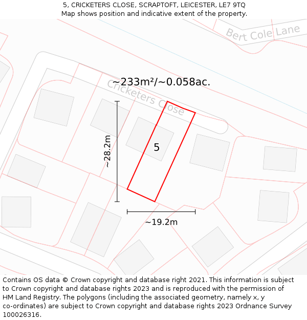 5, CRICKETERS CLOSE, SCRAPTOFT, LEICESTER, LE7 9TQ: Plot and title map