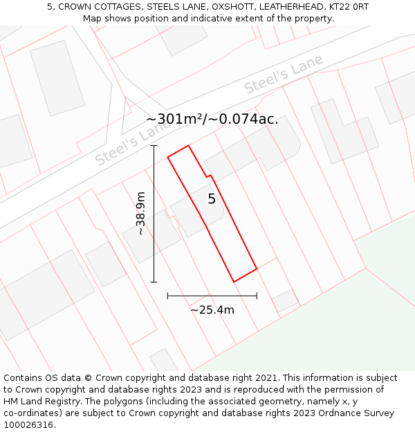 5, CROWN COTTAGES, STEELS LANE, OXSHOTT, LEATHERHEAD, KT22 0RT: Plot and title map