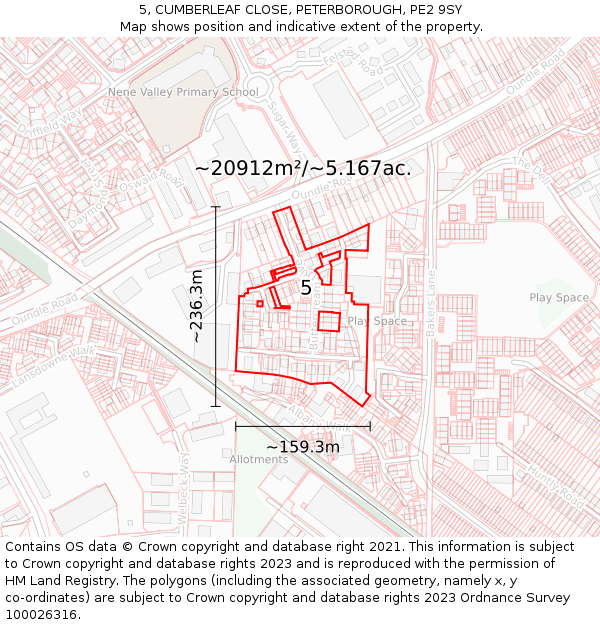 5, CUMBERLEAF CLOSE, PETERBOROUGH, PE2 9SY: Plot and title map