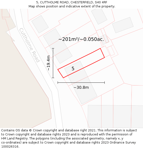 5, CUTTHOLME ROAD, CHESTERFIELD, S40 4RF: Plot and title map