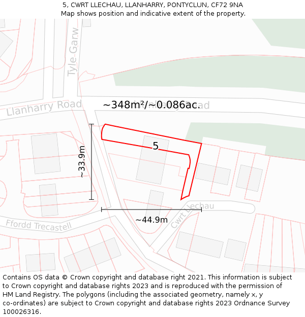 5, CWRT LLECHAU, LLANHARRY, PONTYCLUN, CF72 9NA: Plot and title map