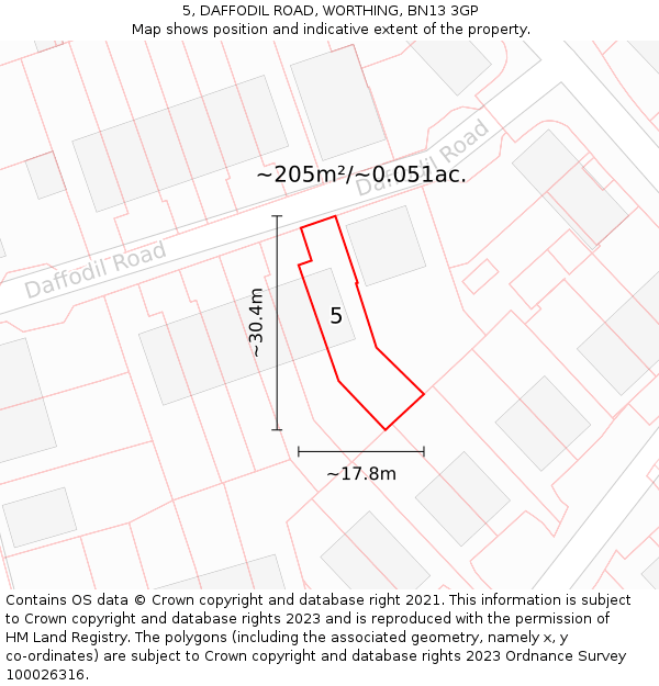 5, DAFFODIL ROAD, WORTHING, BN13 3GP: Plot and title map