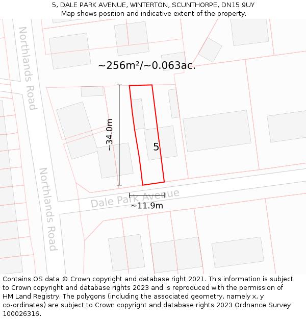 5, DALE PARK AVENUE, WINTERTON, SCUNTHORPE, DN15 9UY: Plot and title map