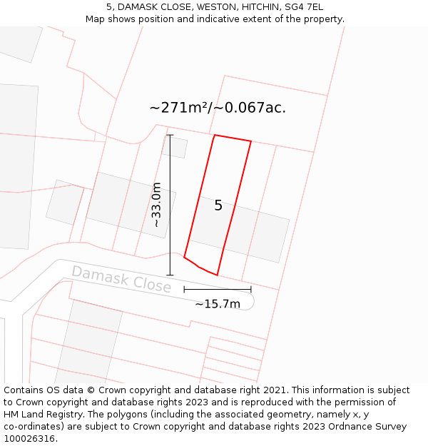 5, DAMASK CLOSE, WESTON, HITCHIN, SG4 7EL: Plot and title map