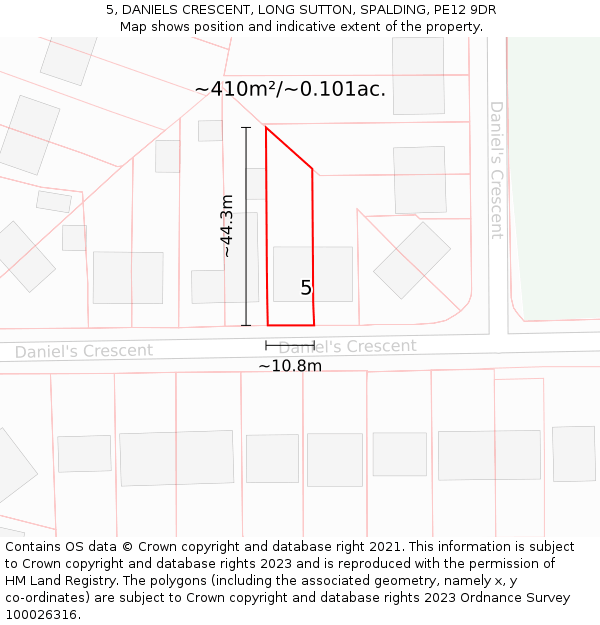 5, DANIELS CRESCENT, LONG SUTTON, SPALDING, PE12 9DR: Plot and title map