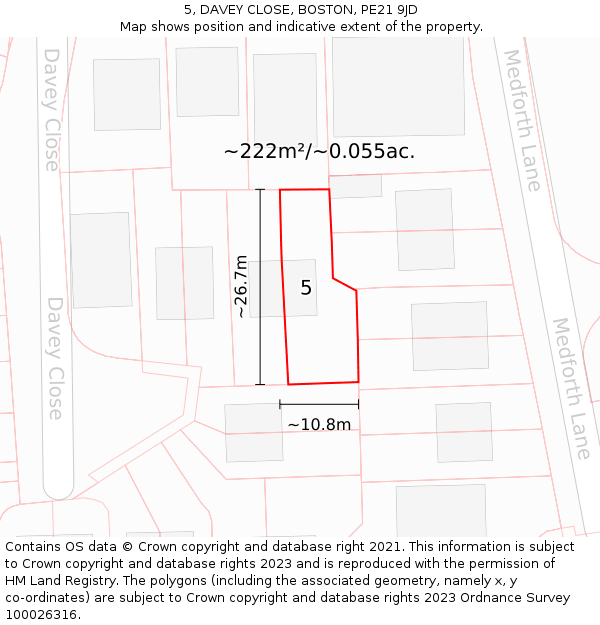 5, DAVEY CLOSE, BOSTON, PE21 9JD: Plot and title map