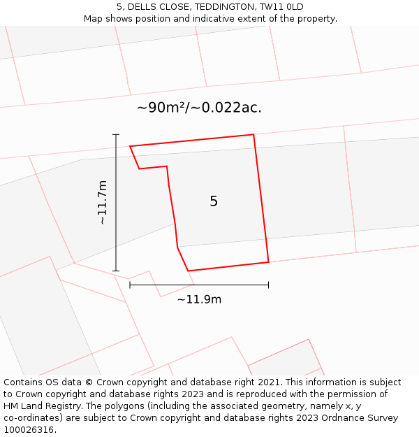 5, DELLS CLOSE, TEDDINGTON, TW11 0LD: Plot and title map