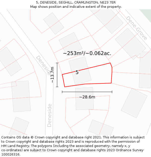 5, DENESIDE, SEGHILL, CRAMLINGTON, NE23 7ER: Plot and title map