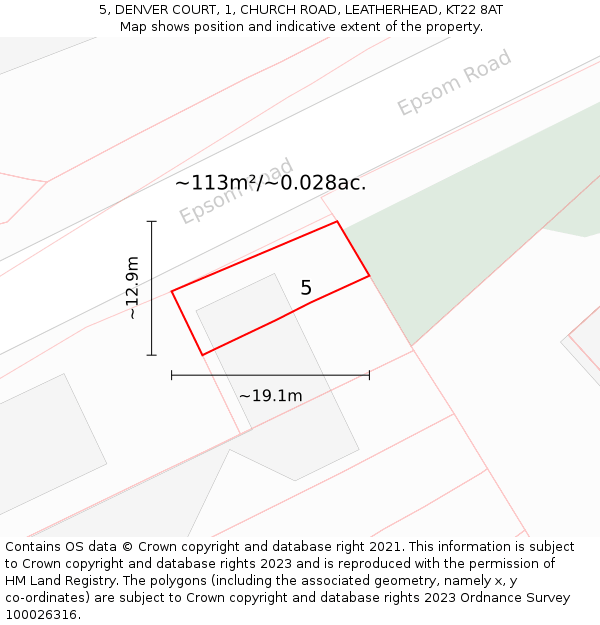 5, DENVER COURT, 1, CHURCH ROAD, LEATHERHEAD, KT22 8AT: Plot and title map