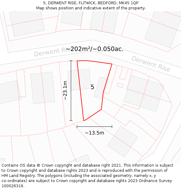 5, DERWENT RISE, FLITWICK, BEDFORD, MK45 1QP: Plot and title map