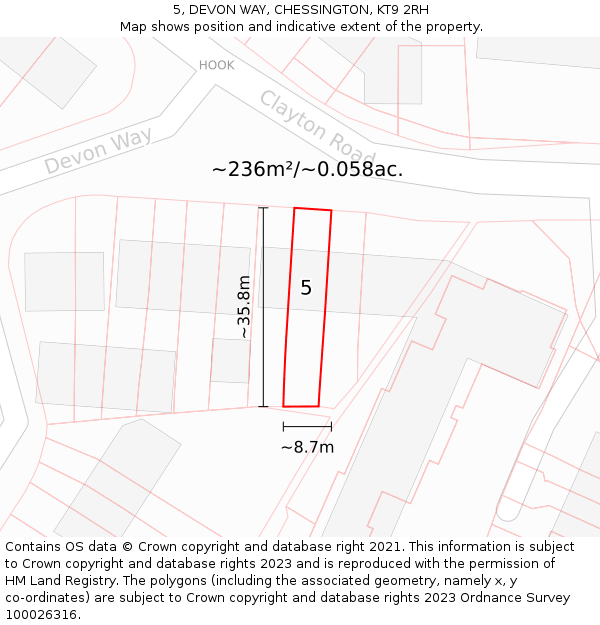5, DEVON WAY, CHESSINGTON, KT9 2RH: Plot and title map