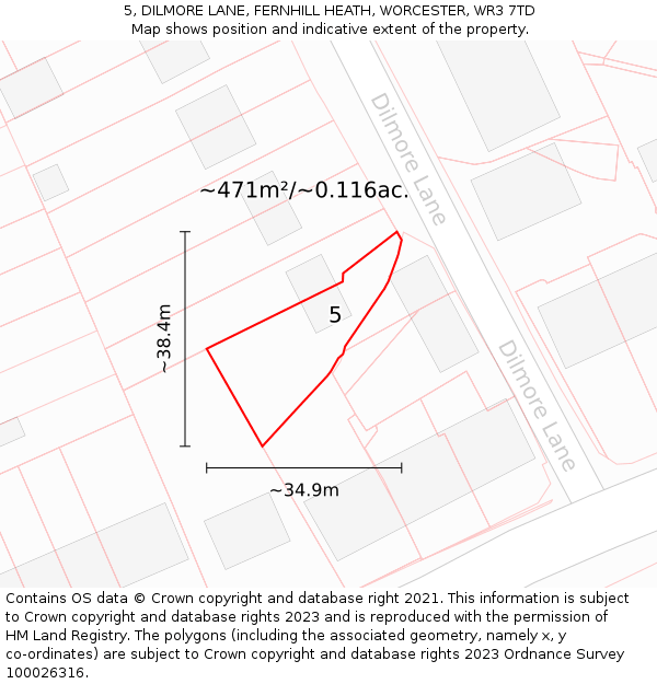 5, DILMORE LANE, FERNHILL HEATH, WORCESTER, WR3 7TD: Plot and title map