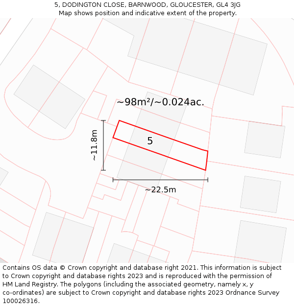 5, DODINGTON CLOSE, BARNWOOD, GLOUCESTER, GL4 3JG: Plot and title map