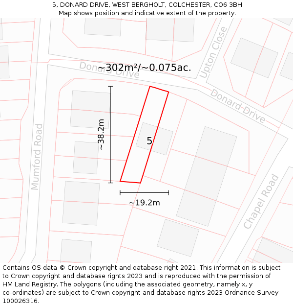 5, DONARD DRIVE, WEST BERGHOLT, COLCHESTER, CO6 3BH: Plot and title map