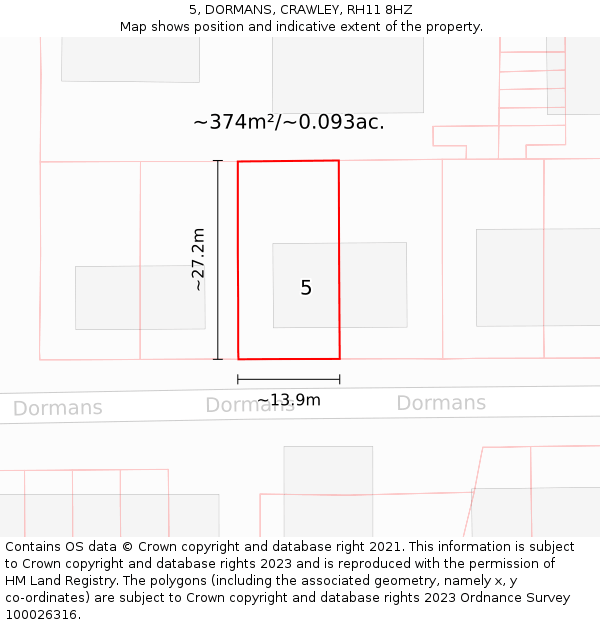 5, DORMANS, CRAWLEY, RH11 8HZ: Plot and title map
