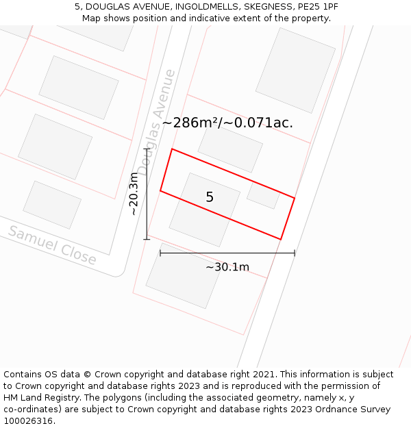 5, DOUGLAS AVENUE, INGOLDMELLS, SKEGNESS, PE25 1PF: Plot and title map