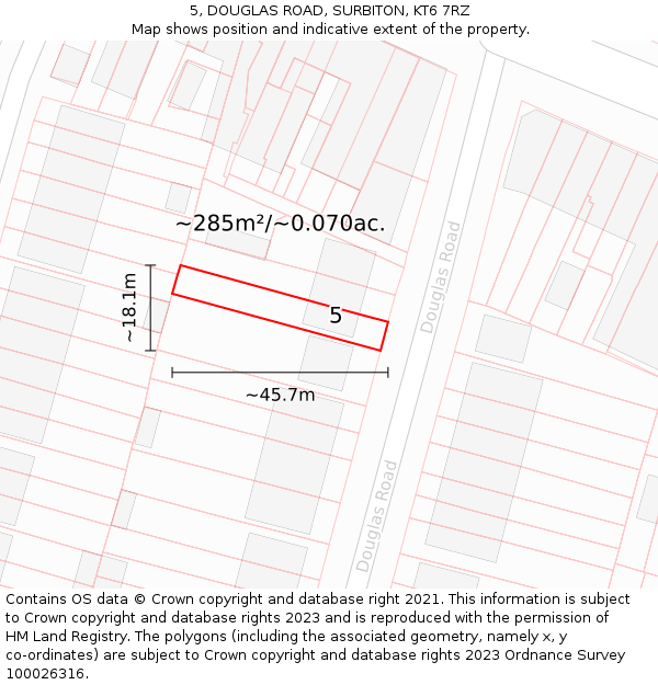 5, DOUGLAS ROAD, SURBITON, KT6 7RZ: Plot and title map