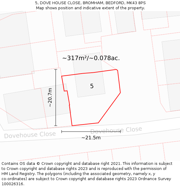 5, DOVE HOUSE CLOSE, BROMHAM, BEDFORD, MK43 8PS: Plot and title map