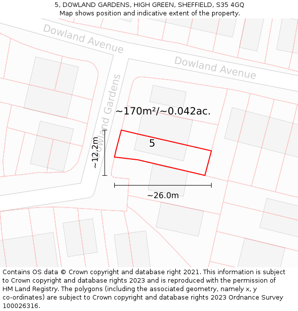 5, DOWLAND GARDENS, HIGH GREEN, SHEFFIELD, S35 4GQ: Plot and title map