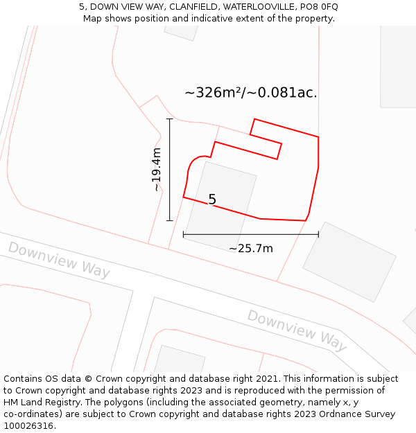 5, DOWN VIEW WAY, CLANFIELD, WATERLOOVILLE, PO8 0FQ: Plot and title map