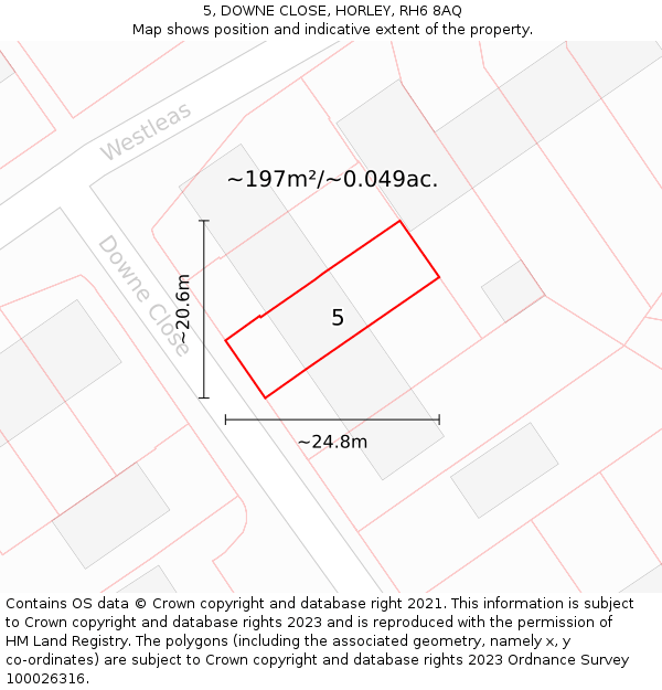 5, DOWNE CLOSE, HORLEY, RH6 8AQ: Plot and title map