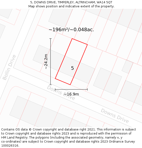 5, DOWNS DRIVE, TIMPERLEY, ALTRINCHAM, WA14 5QT: Plot and title map