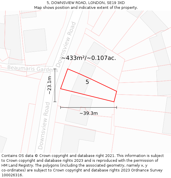 5, DOWNSVIEW ROAD, LONDON, SE19 3XD: Plot and title map