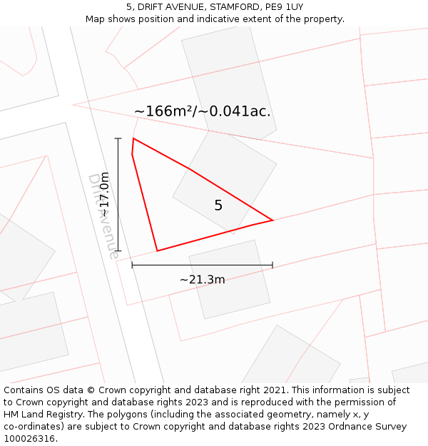 5, DRIFT AVENUE, STAMFORD, PE9 1UY: Plot and title map