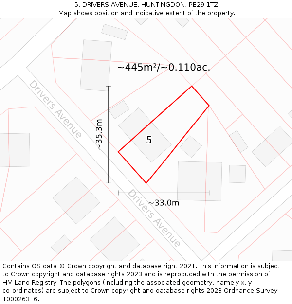 5, DRIVERS AVENUE, HUNTINGDON, PE29 1TZ: Plot and title map