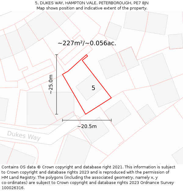 5, DUKES WAY, HAMPTON VALE, PETERBOROUGH, PE7 8JN: Plot and title map