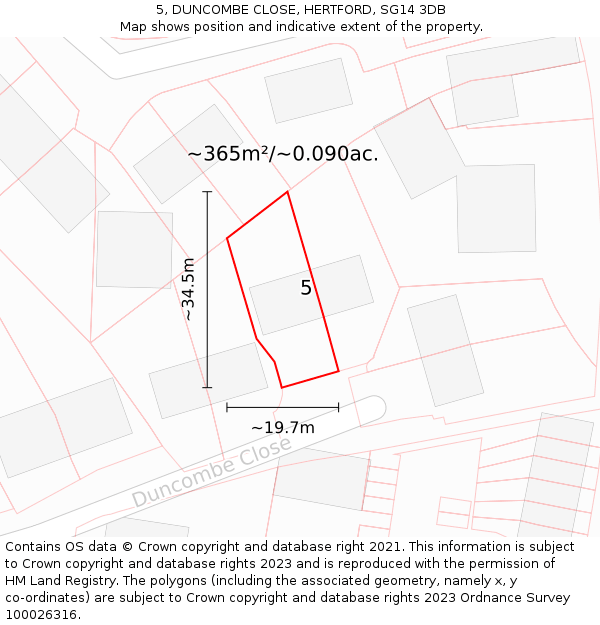 5, DUNCOMBE CLOSE, HERTFORD, SG14 3DB: Plot and title map