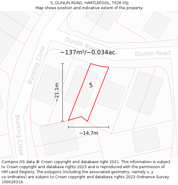 5, DUNLIN ROAD, HARTLEPOOL, TS26 0SJ: Plot and title map