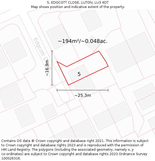 5, EDGCOTT CLOSE, LUTON, LU3 4DT: Plot and title map