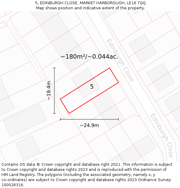 5, EDINBURGH CLOSE, MARKET HARBOROUGH, LE16 7QQ: Plot and title map