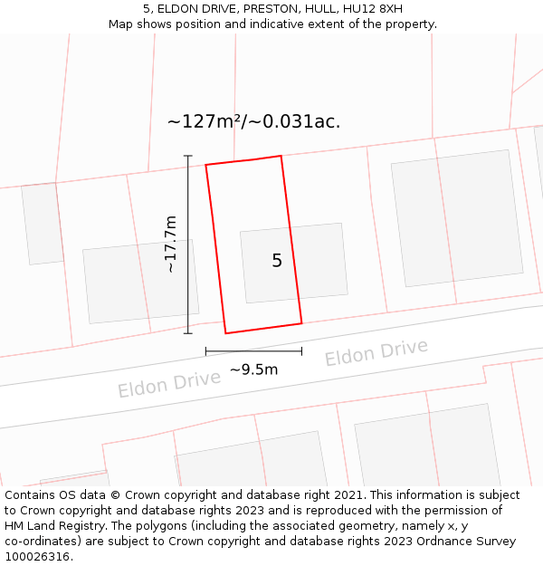 5, ELDON DRIVE, PRESTON, HULL, HU12 8XH: Plot and title map