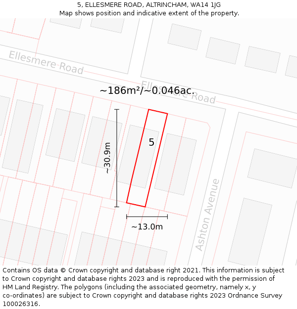 5, ELLESMERE ROAD, ALTRINCHAM, WA14 1JG: Plot and title map