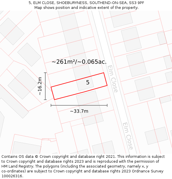 5, ELM CLOSE, SHOEBURYNESS, SOUTHEND-ON-SEA, SS3 9PF: Plot and title map