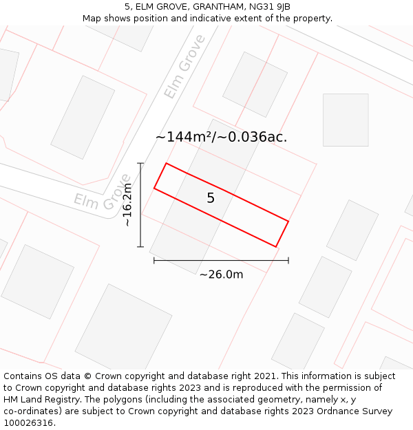 5, ELM GROVE, GRANTHAM, NG31 9JB: Plot and title map