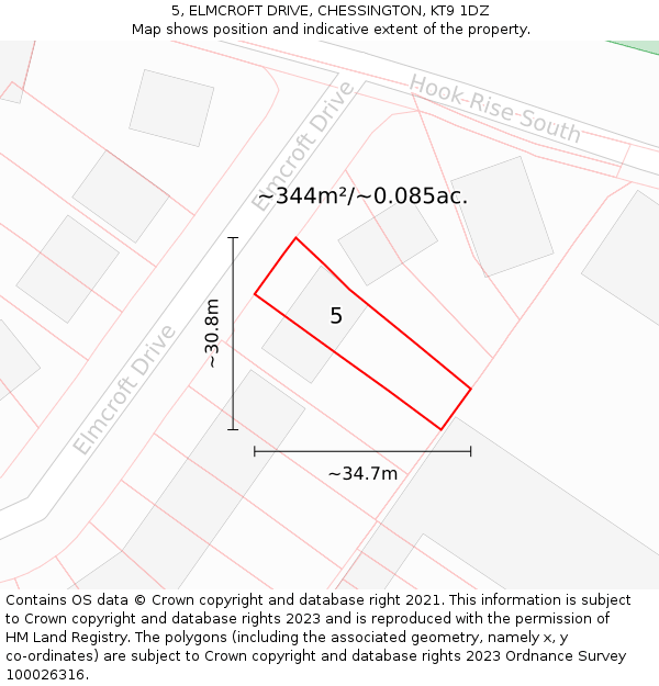 5, ELMCROFT DRIVE, CHESSINGTON, KT9 1DZ: Plot and title map