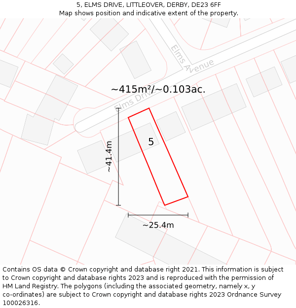5, ELMS DRIVE, LITTLEOVER, DERBY, DE23 6FF: Plot and title map