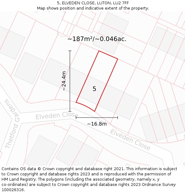 5, ELVEDEN CLOSE, LUTON, LU2 7FF: Plot and title map