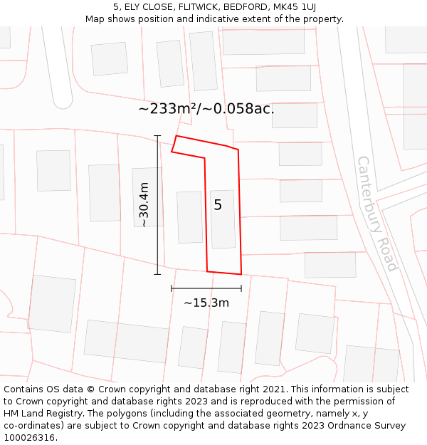 5, ELY CLOSE, FLITWICK, BEDFORD, MK45 1UJ: Plot and title map