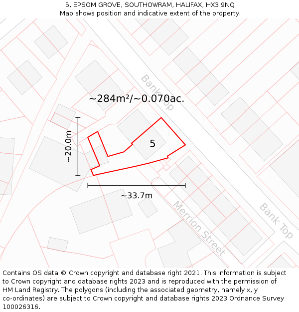 5, EPSOM GROVE, SOUTHOWRAM, HALIFAX, HX3 9NQ: Plot and title map
