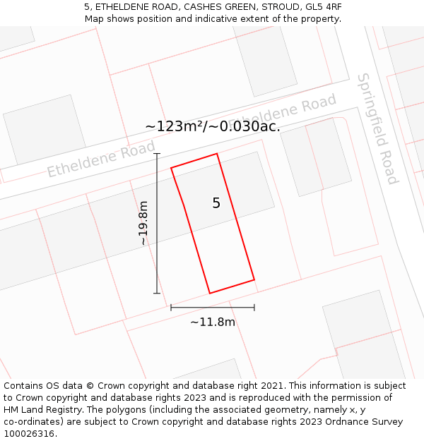5, ETHELDENE ROAD, CASHES GREEN, STROUD, GL5 4RF: Plot and title map