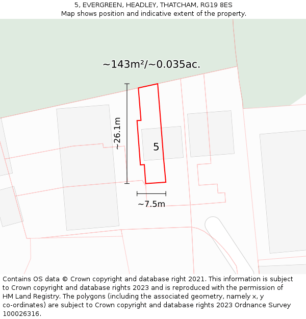 5, EVERGREEN, HEADLEY, THATCHAM, RG19 8ES: Plot and title map