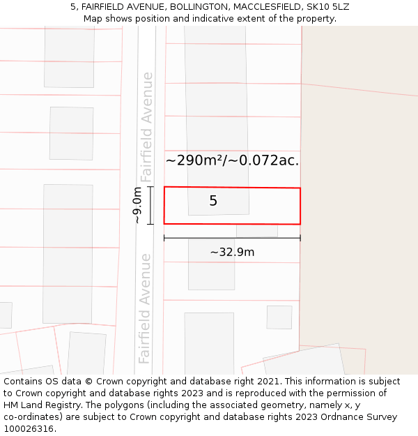 5, FAIRFIELD AVENUE, BOLLINGTON, MACCLESFIELD, SK10 5LZ: Plot and title map