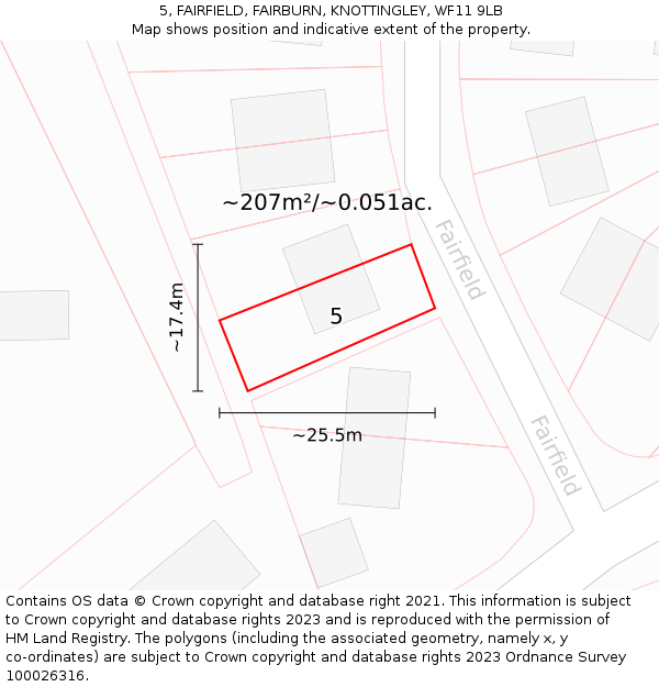 5, FAIRFIELD, FAIRBURN, KNOTTINGLEY, WF11 9LB: Plot and title map