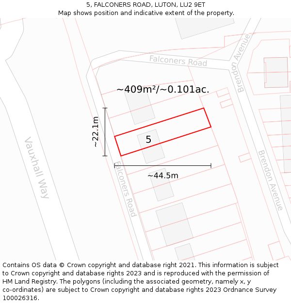 5, FALCONERS ROAD, LUTON, LU2 9ET: Plot and title map
